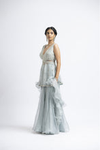 Load image into Gallery viewer, GREY BLUE ORGANZA PEPLUM SHARARA SET
