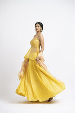 Load image into Gallery viewer, BRIGHT YELLOW NET PEPLUM WITH GEORGETTE MOKAISH LEHENGA AND PRINTED DUPATTA
