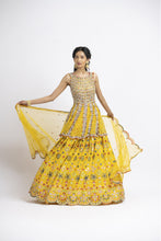 Load image into Gallery viewer, VIBRANT YELLOW PEPLUM LEHENGA SET WITH MULTICOLUR WORK
