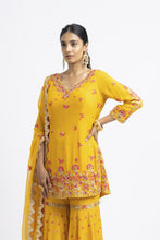 Load image into Gallery viewer, MUSTARD GEORGETTE GARARA SET WITH GEORGETTE DUPATTA
