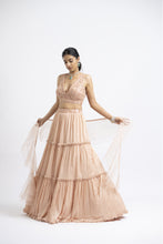 Load image into Gallery viewer, PEACH CRUSHED CHIGNON TIERED LEHENGA WITH NET CHOLI AND DUPATTA

