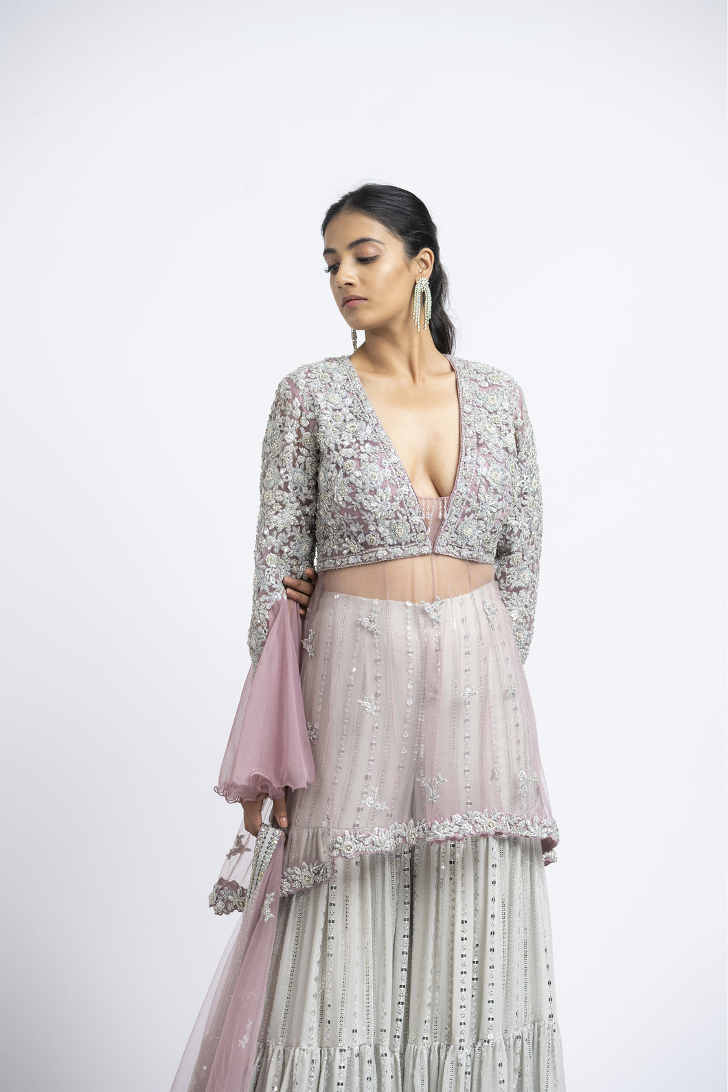 LAVENDER TULLE PEPLUM WITH GREY LAYERED GEORGETTE SHARARA