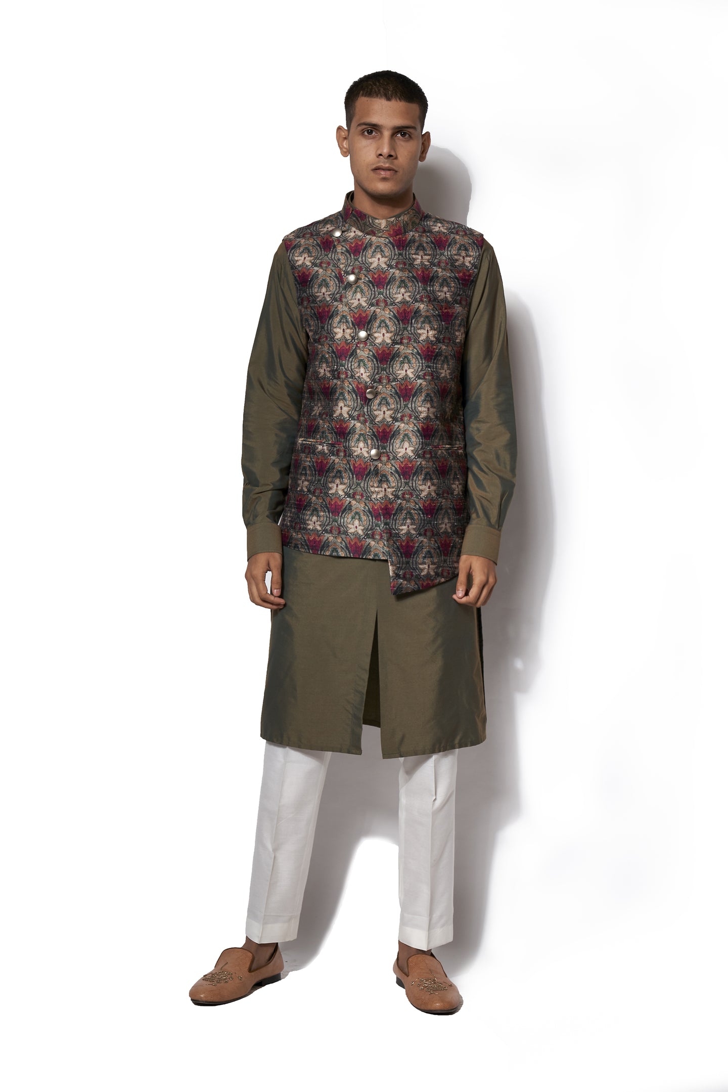 Olive Green Printed Bundi Kurta Set