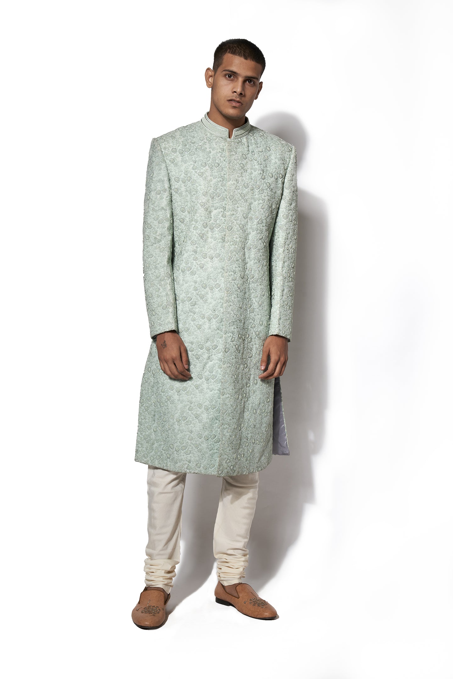 Pistachio Green Hand Emboidered Sherwani Set
