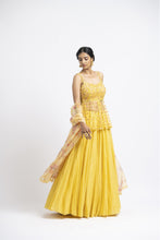 Load image into Gallery viewer, BRIGHT YELLOW NET PEPLUM WITH GEORGETTE MOKAISH LEHENGA AND PRINTED DUPATTA
