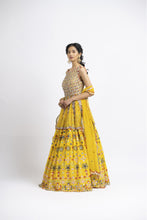 Load image into Gallery viewer, VIBRANT YELLOW PEPLUM LEHENGA SET WITH MULTICOLUR WORK
