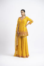Load image into Gallery viewer, MUSTARD GEORGETTE GARARA SET WITH GEORGETTE DUPATTA
