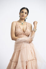 Load image into Gallery viewer, PEACH CRUSHED CHIGNON TIERED LEHENGA WITH NET CHOLI AND DUPATTA
