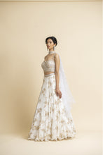 Load image into Gallery viewer, OFF WHITE EMBROIDERED LEHENGA WITH BUSTIER AND STYLISED DUPATTA
