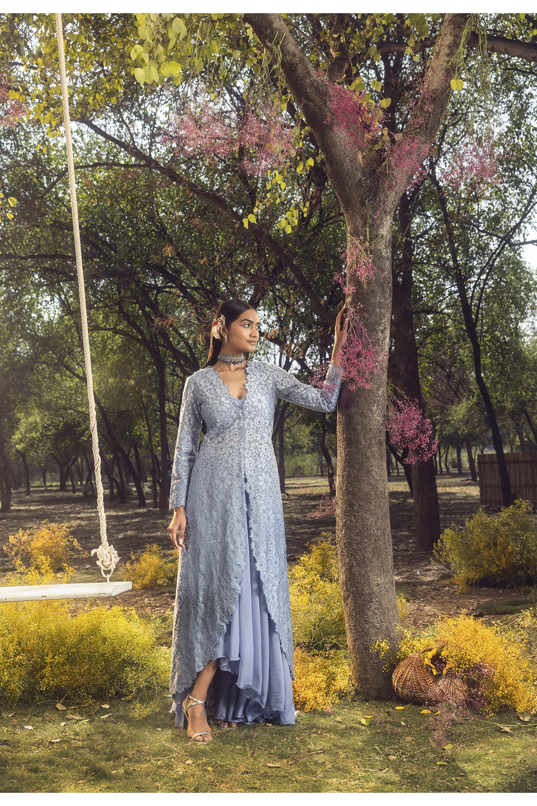 INK BLUE JACKET WITH LEHENGA AND BUSTIER