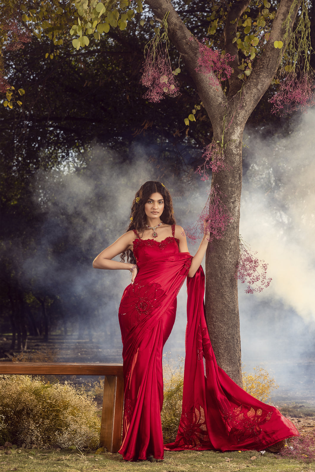 STRAWBERRY RED SATIN SAREE