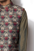 Load image into Gallery viewer, Olive Green Printed Bundi Kurta Set
