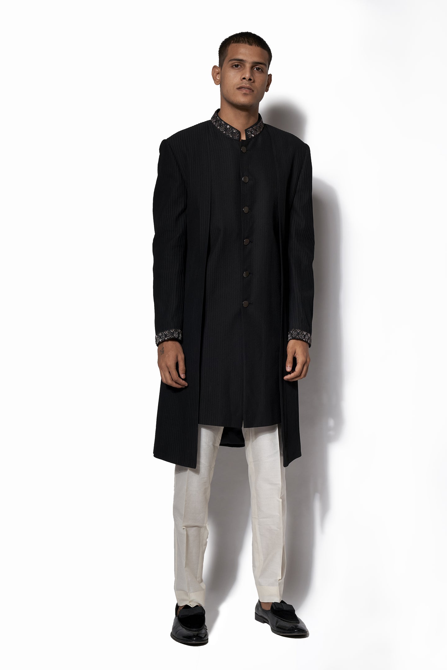Black Layered Embroidered Long Jacket Set