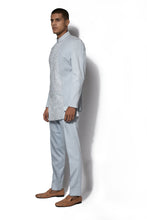 Load image into Gallery viewer, Ice blue Asymmetrical Embroidered Bandhgala set
