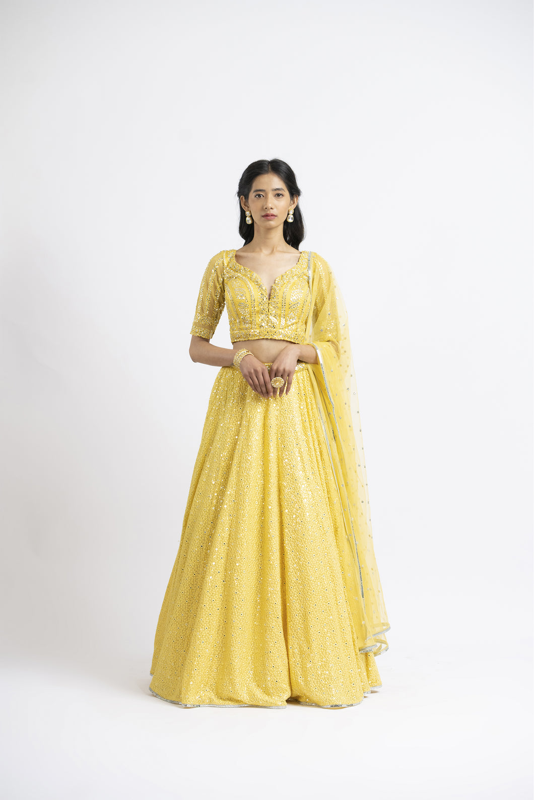 SUNSHINE YELLOW RESHAM AND PATRA WORK LEHENGA CHOLI SET