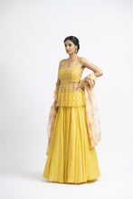 Load image into Gallery viewer, BRIGHT YELLOW NET PEPLUM WITH GEORGETTE MOKAISH LEHENGA AND PRINTED DUPATTA

