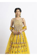 Load image into Gallery viewer, VIBRANT YELLOW PEPLUM LEHENGA SET WITH MULTICOLUR WORK
