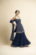Load image into Gallery viewer, NAVY TULLE KURTA AND DUPATTA WITH GEORGETTE SHARARA
