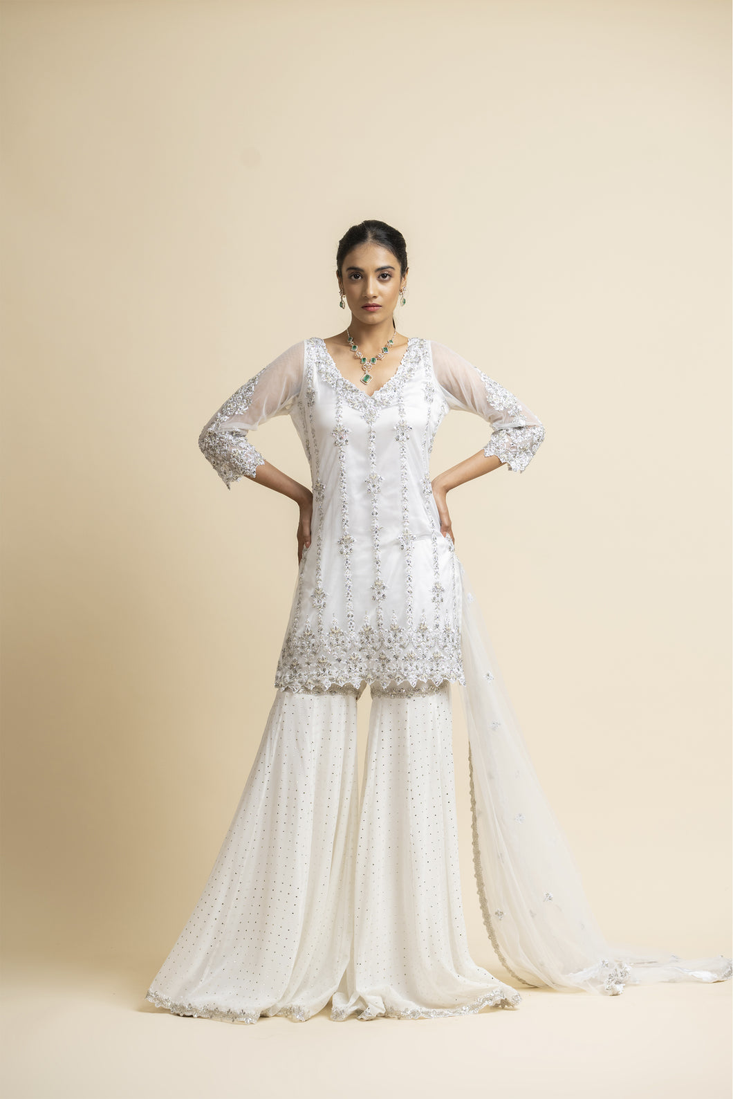 OFF WHITE TULLE SHIRT AND DUPATTA WITH MOKAISH GARARA