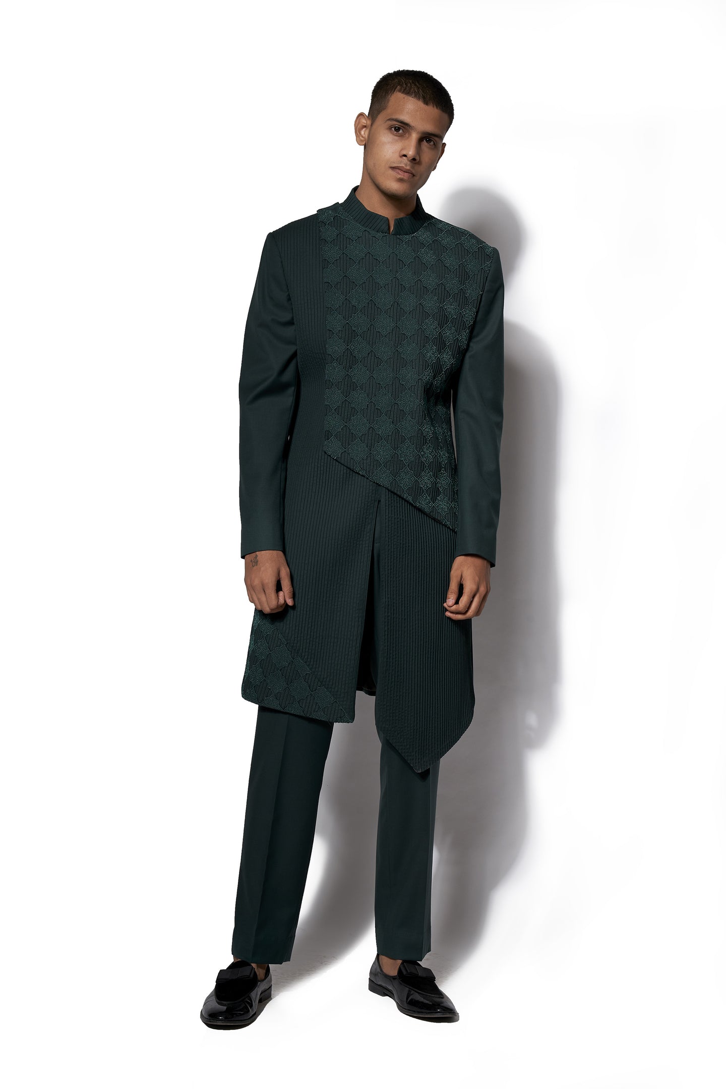 Forest Green Asymmetrical layered Long Jacket Set