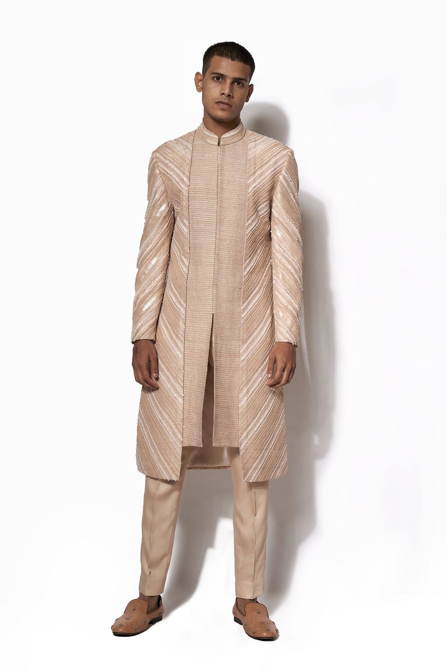 Rose Gold Asymmetrical Embroidered Long Jacket Set