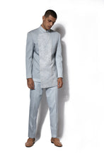 Load image into Gallery viewer, Ice blue Asymmetrical Embroidered Bandhgala set
