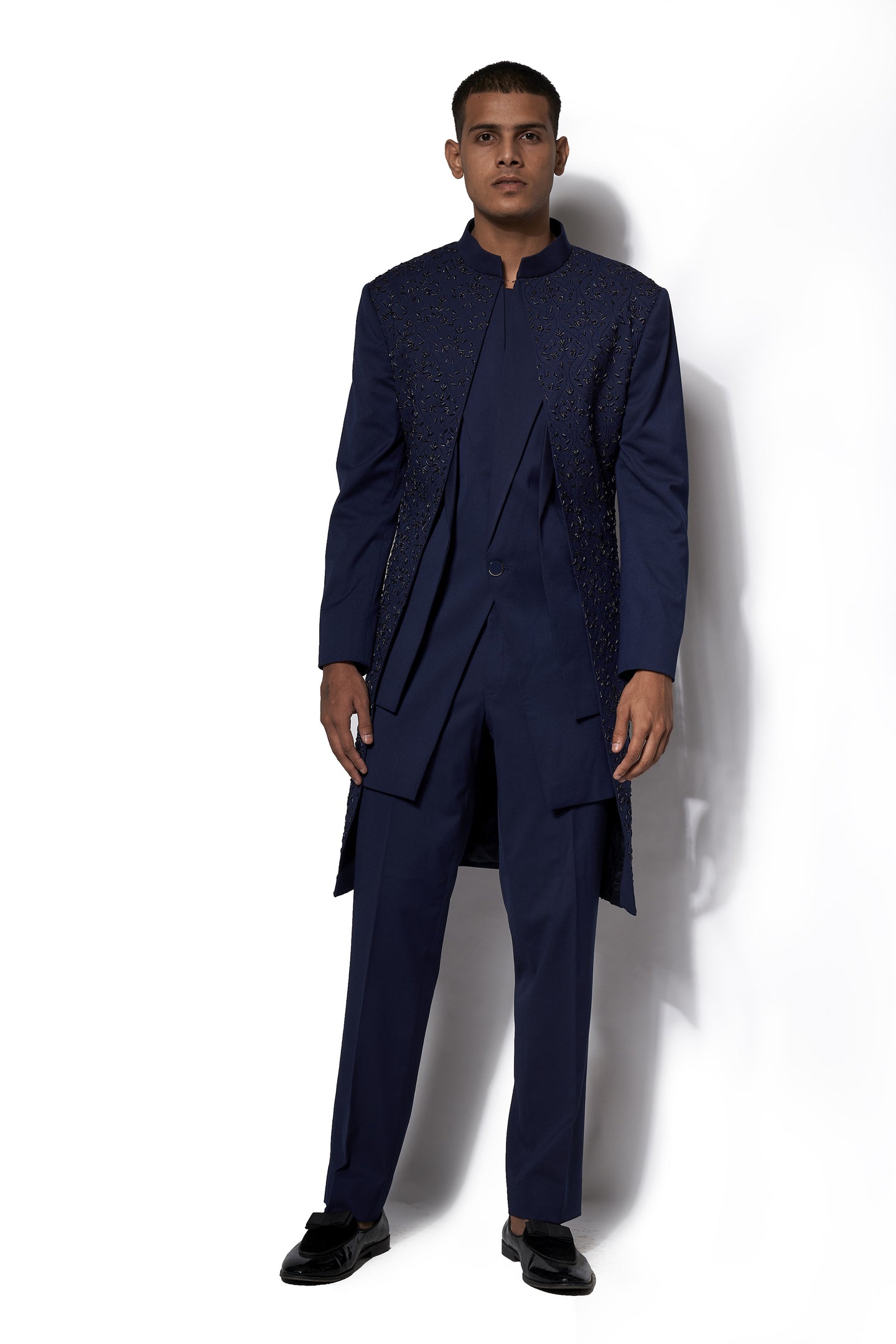 Navy Blue Asymmetrical Layered Long Jacket Set