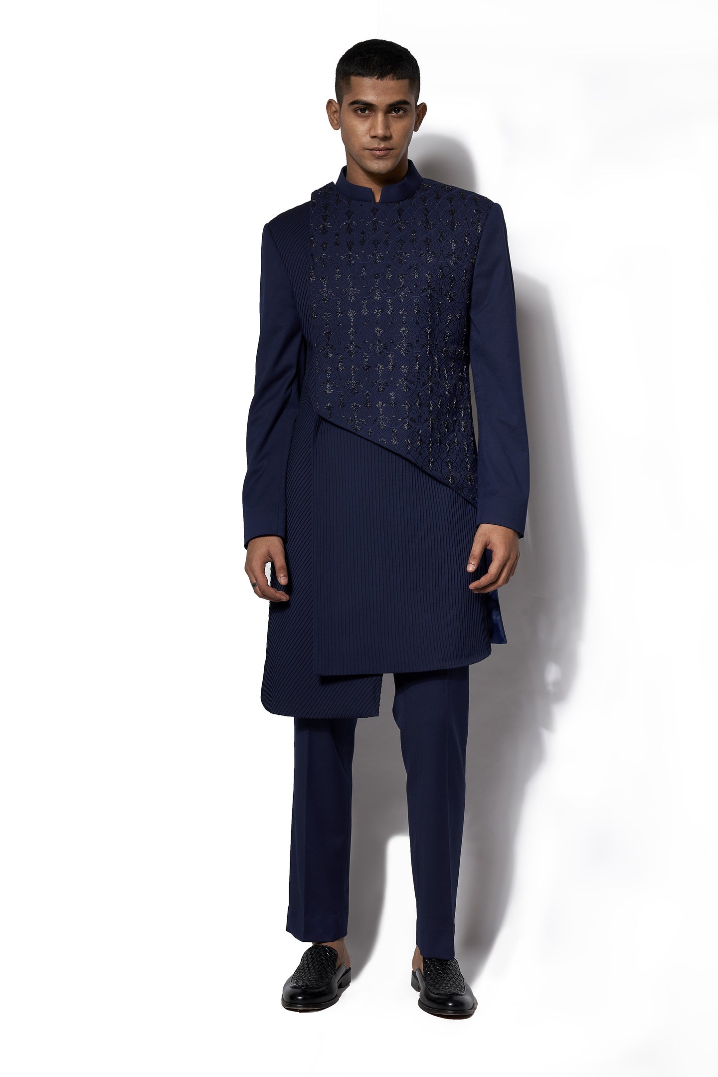 Navy Blue Asymmetrical Layered Long Jacket Set