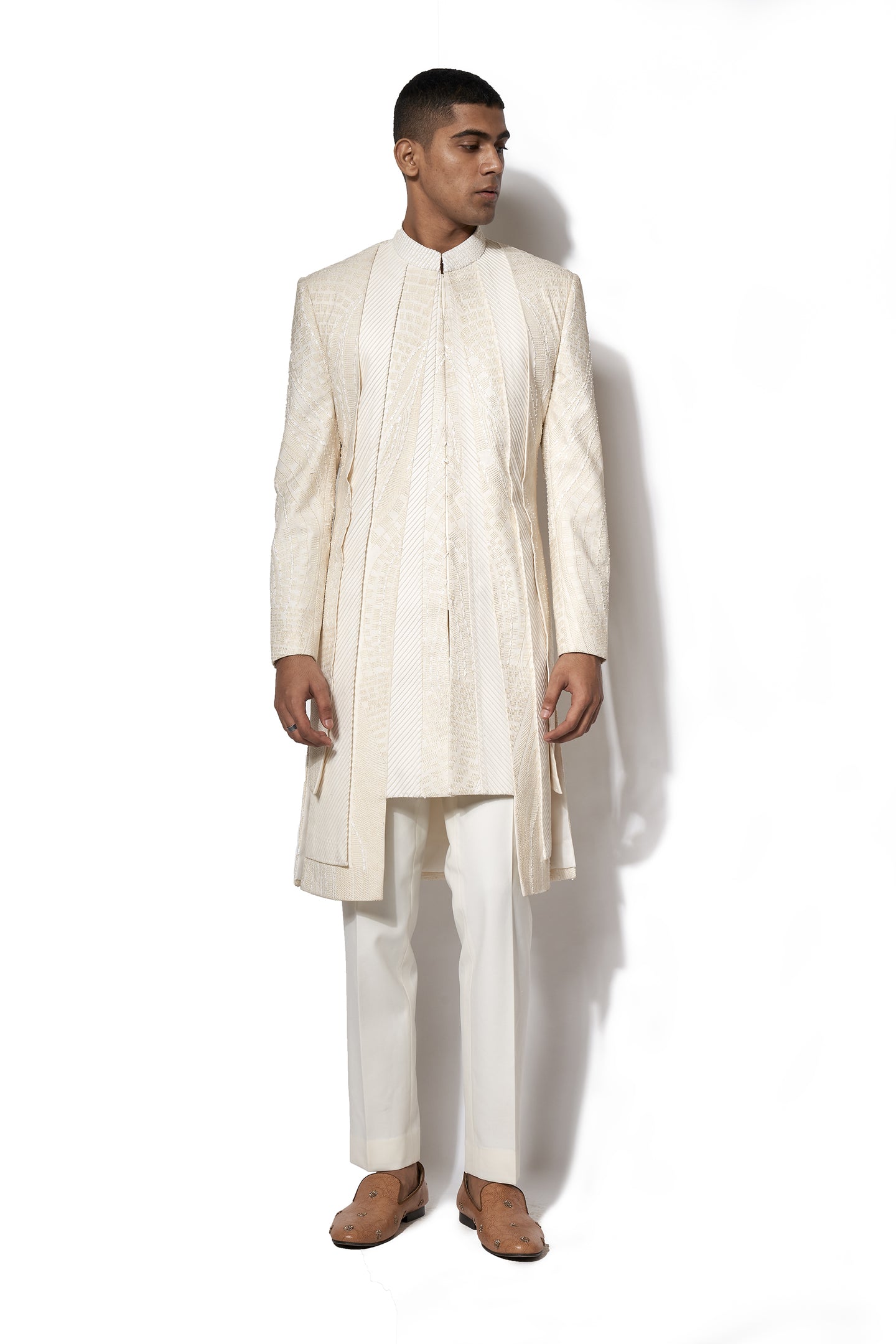 Ivory Asymmetrical Embroidered Long Jacket Set