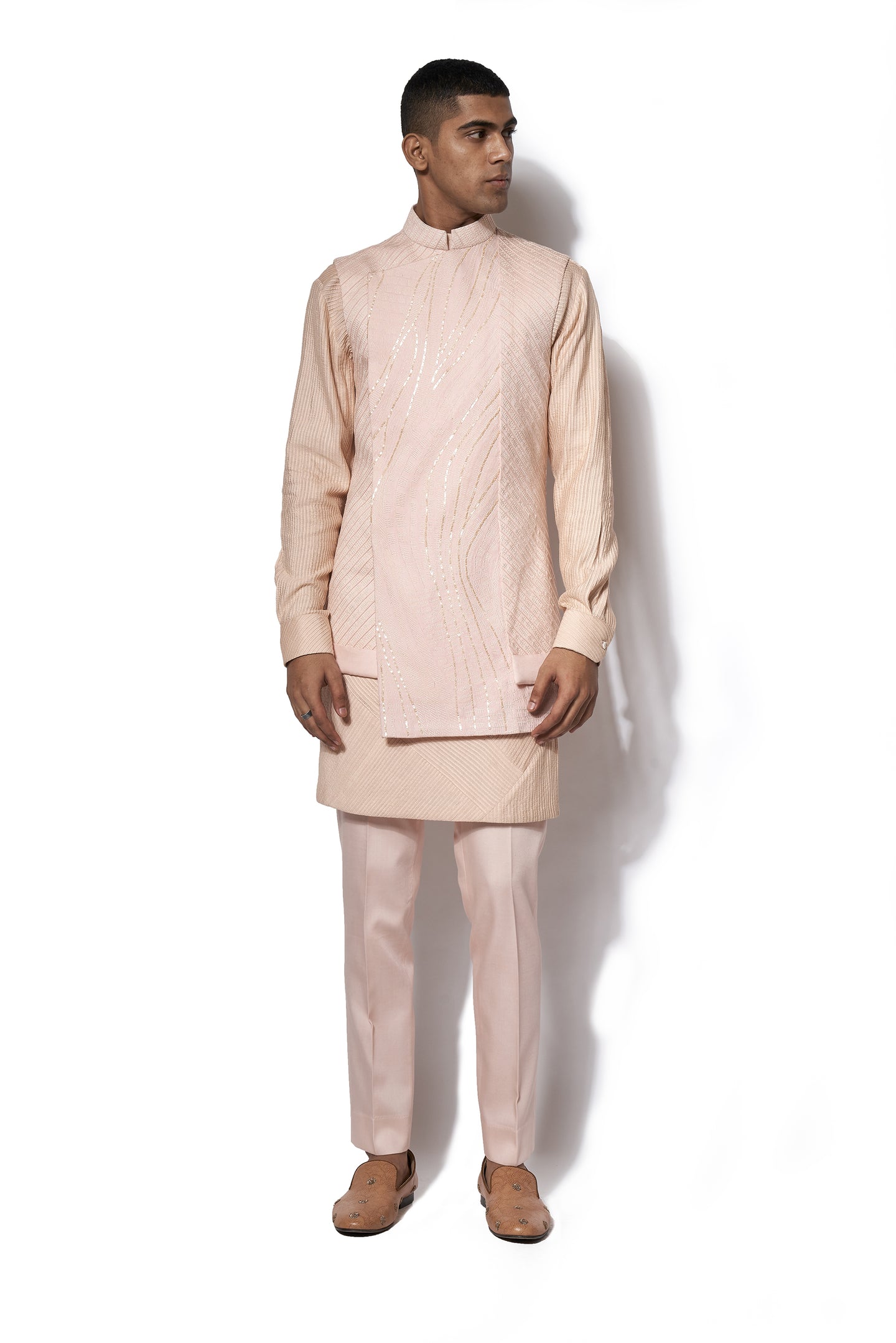 Peach Asymmetrical Embroidered Bandi Kurta Set
