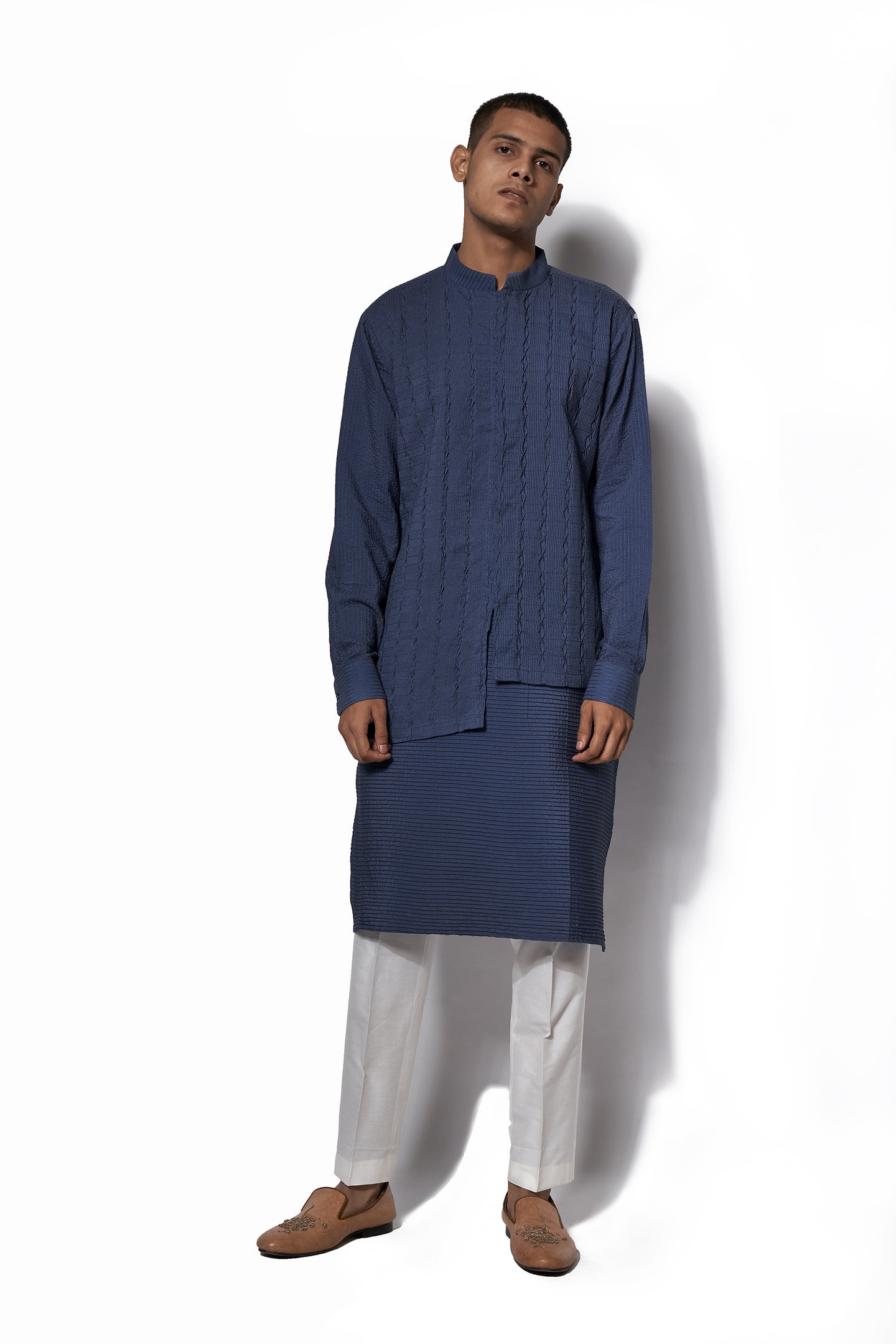 Denim Blue Asymmetrical Textured Kurta Set
