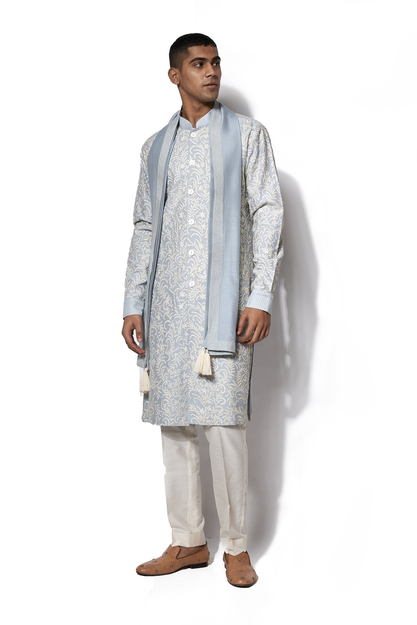 Ice Blue Front Open Embroidered Kurta Set