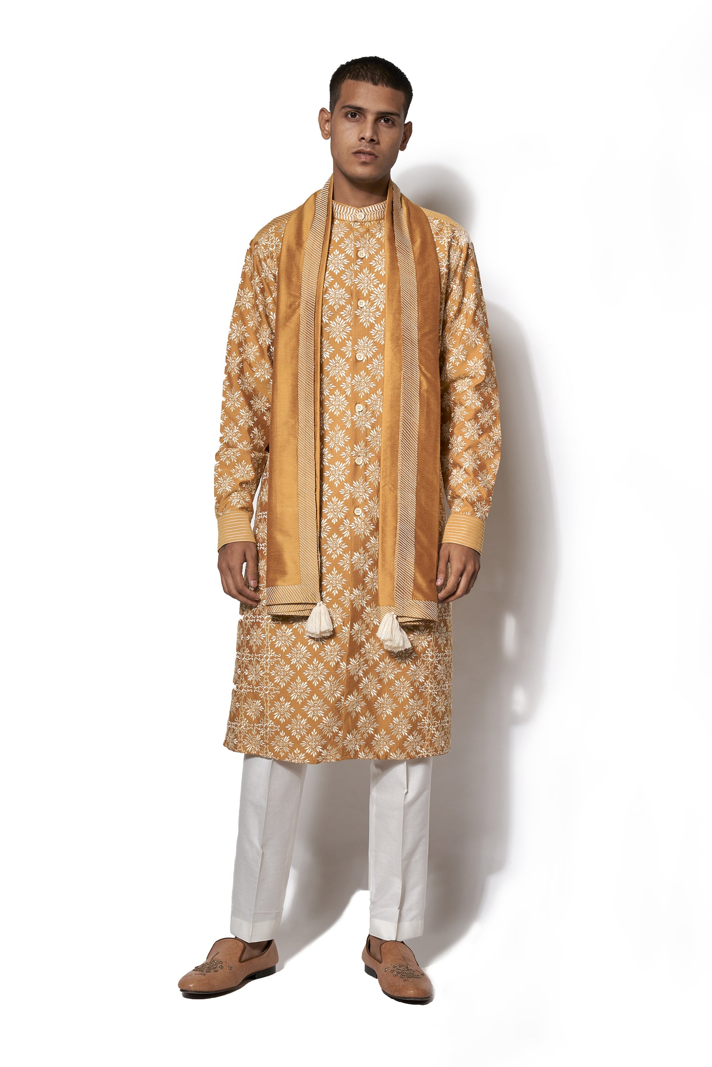 Mustard Yellow Front Open Embroidered Kurta Set