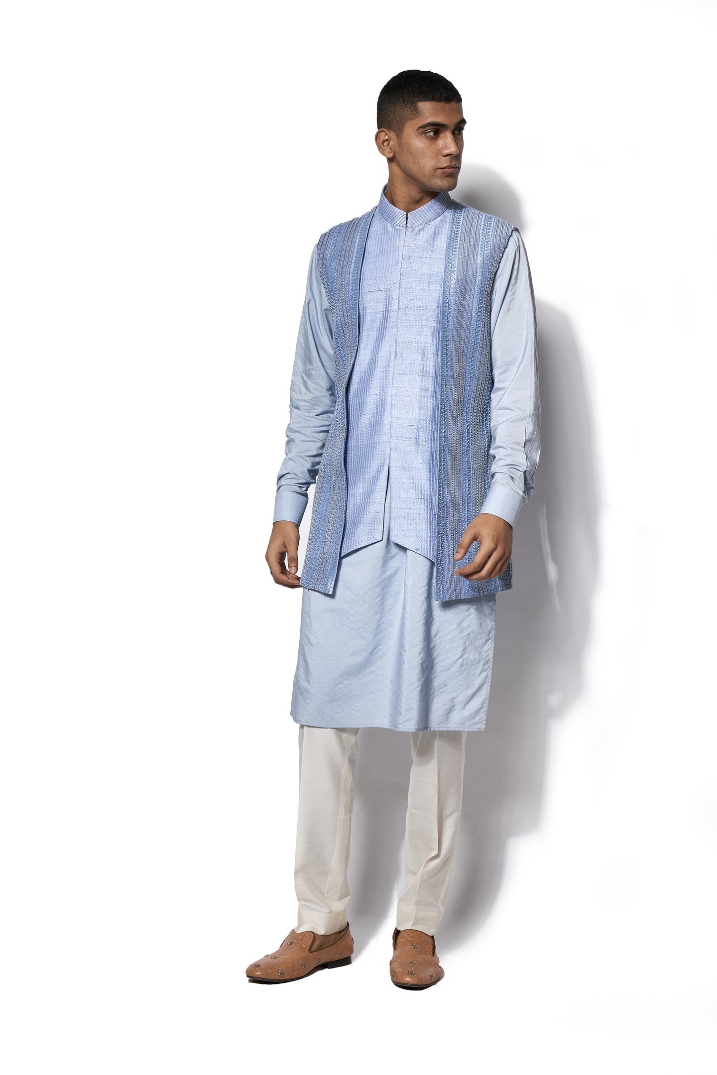 Ice Blue Asymmetrical Embroidered Bundi Kurta Set