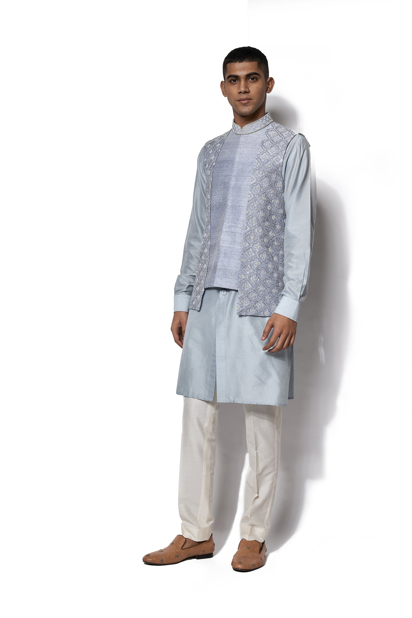 Ice Blue Embroidered Bundi Kurta Set