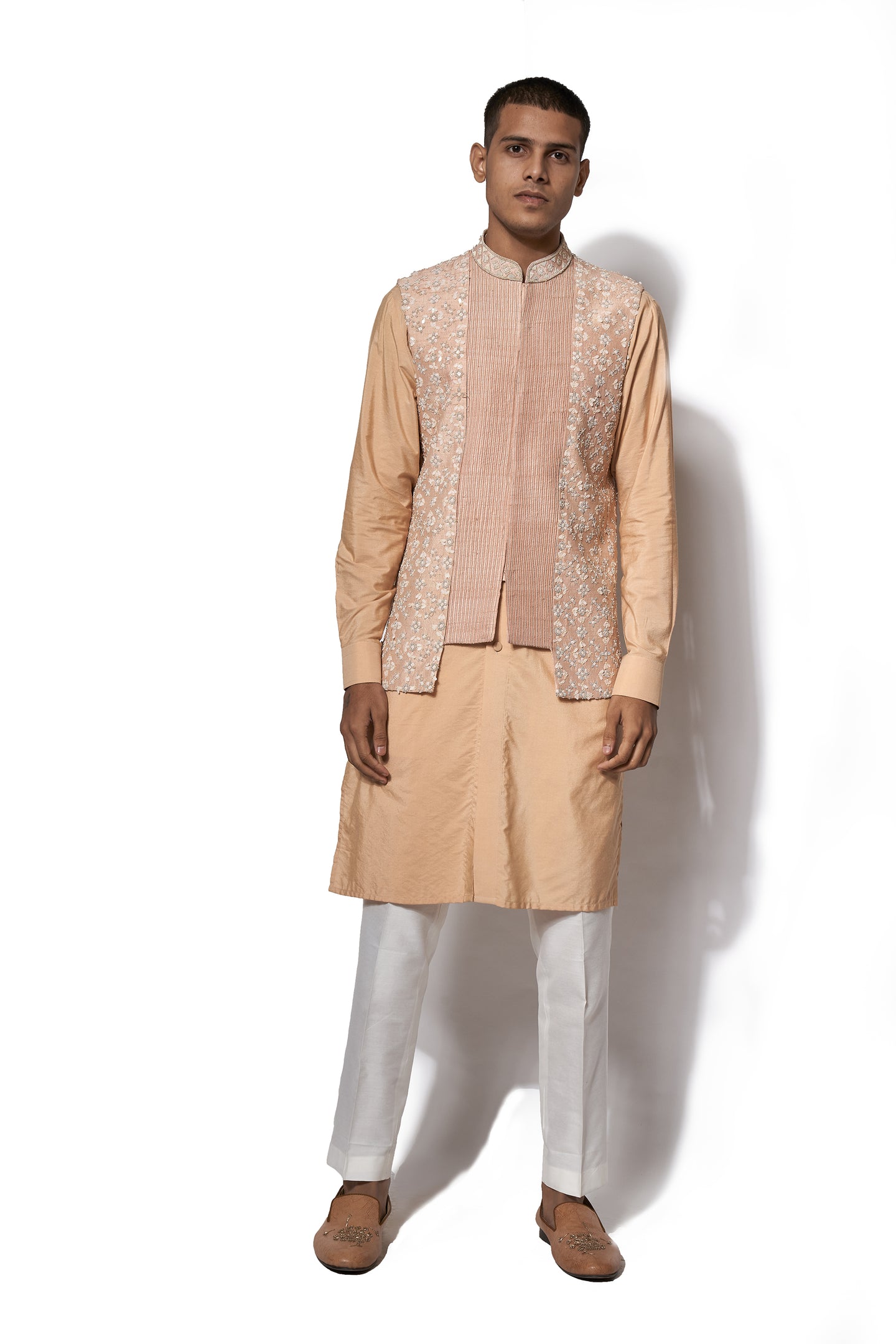 Peach Embroidered Bundi Kurta set