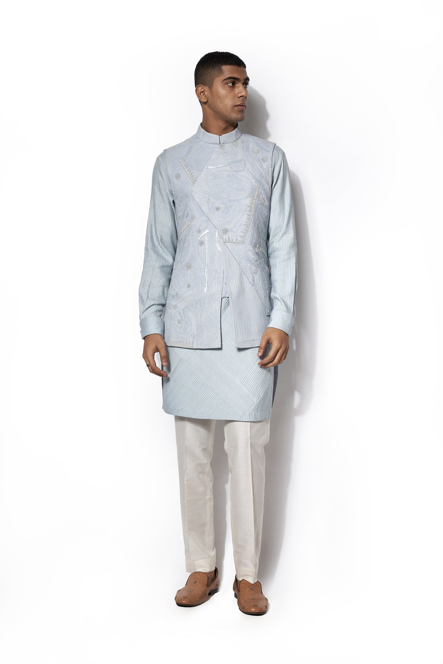 Ice Blue Asymmetrical Embroidered Bundi Kurta Set