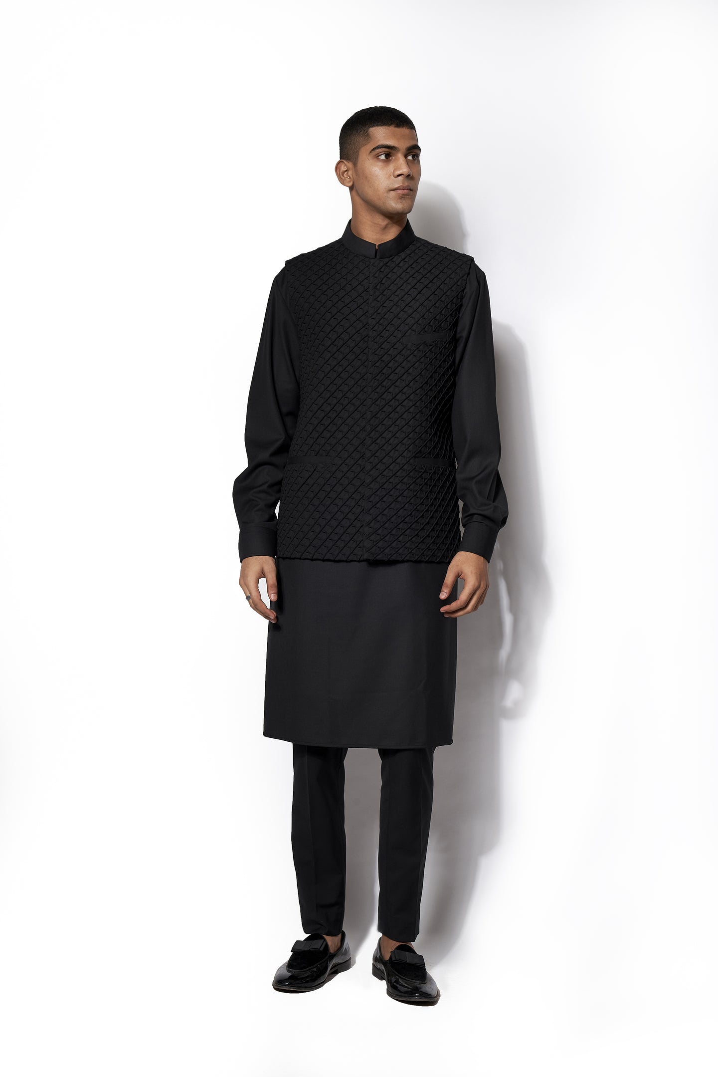 Black Textured Nehru Jacket Set