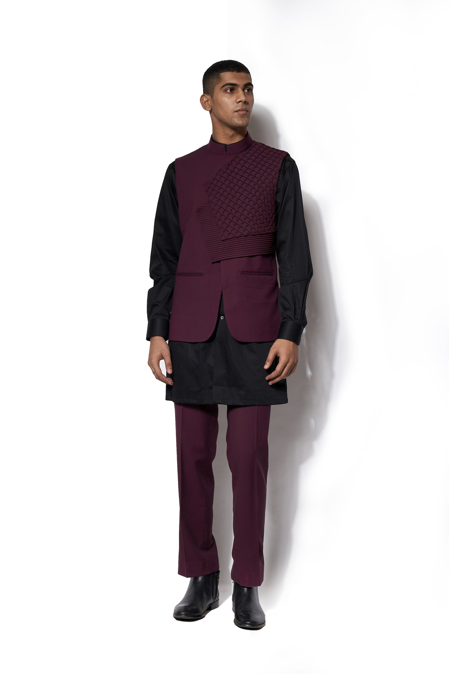 Wine Asymmetric Nehru Jacket Set