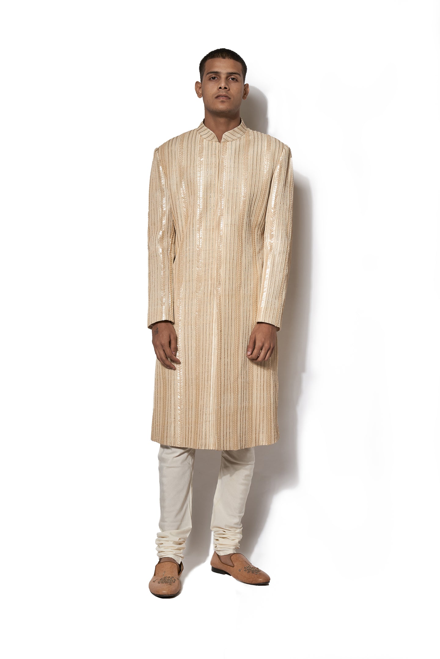 Beige Hand Embroidered Sherwani Set