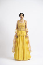 Load image into Gallery viewer, BRIGHT YELLOW NET PEPLUM WITH GEORGETTE MOKAISH LEHENGA AND PRINTED DUPATTA
