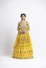 Load image into Gallery viewer, VIBRANT YELLOW PEPLUM LEHENGA SET WITH MULTICOLUR WORK
