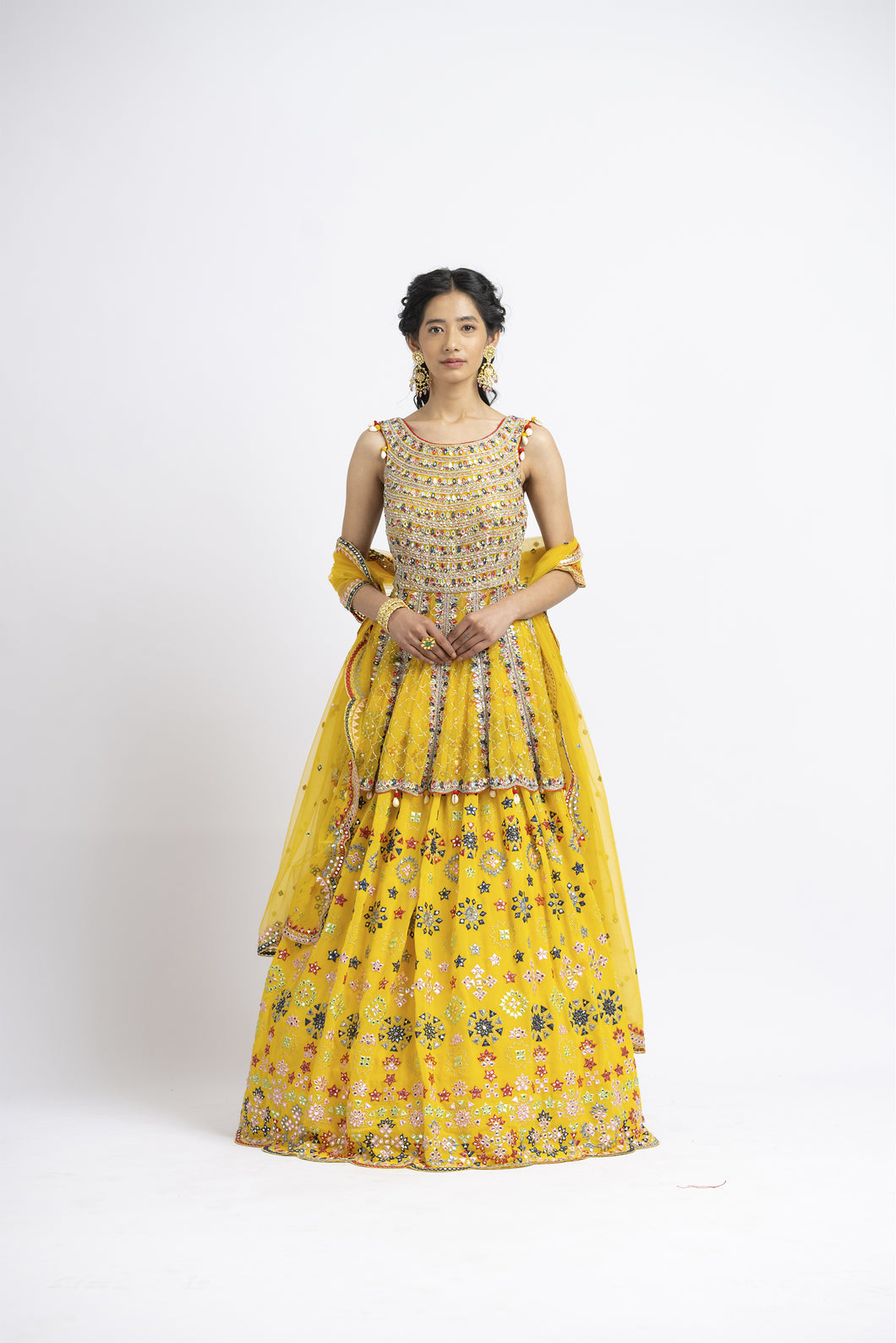 VIBRANT YELLOW PEPLUM LEHENGA SET WITH MULTICOLUR WORK