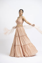 Load image into Gallery viewer, PEACH CRUSHED CHIGNON TIERED LEHENGA WITH NET CHOLI AND DUPATTA
