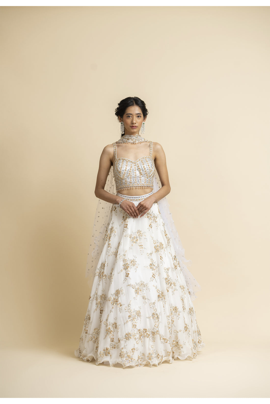 OFF WHITE EMBROIDERED LEHENGA WITH BUSTIER AND STYLISED DUPATTA