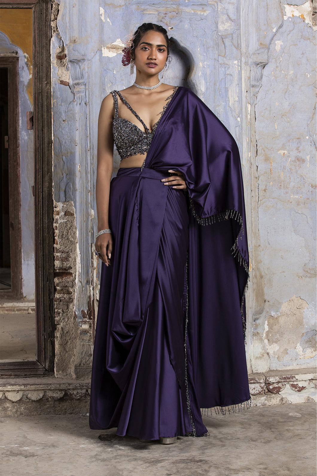 DARK PURPLE DRAPE SAREE