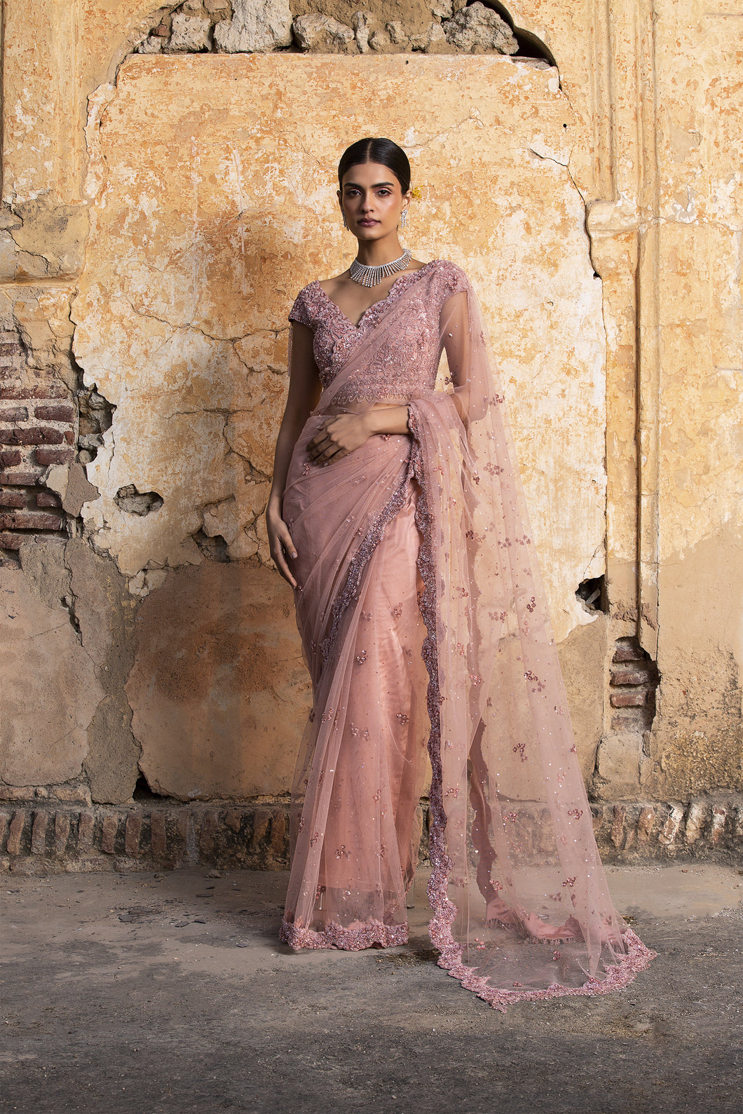 ROSE PINK NET SAREE