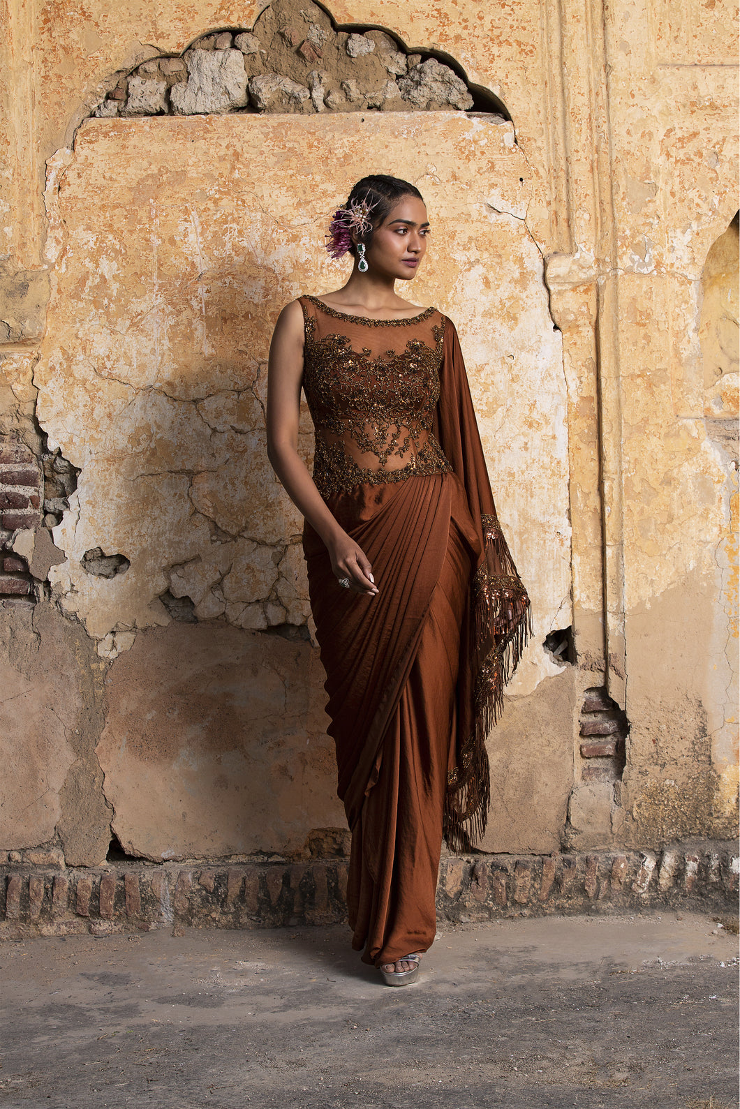 DARK COPPER DRAPE SAREE