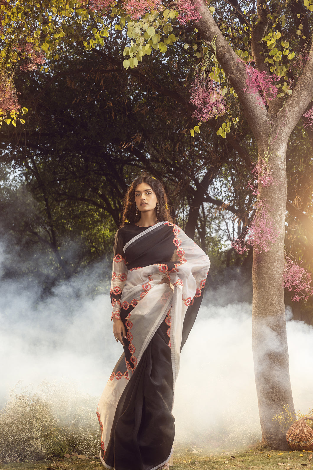 BLACK AND WHITE ORGANZA PATCHWORK SAREE