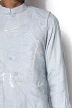 Load image into Gallery viewer, Ice Blue Asymmetrical Embroidered Bundi Kurta Set

